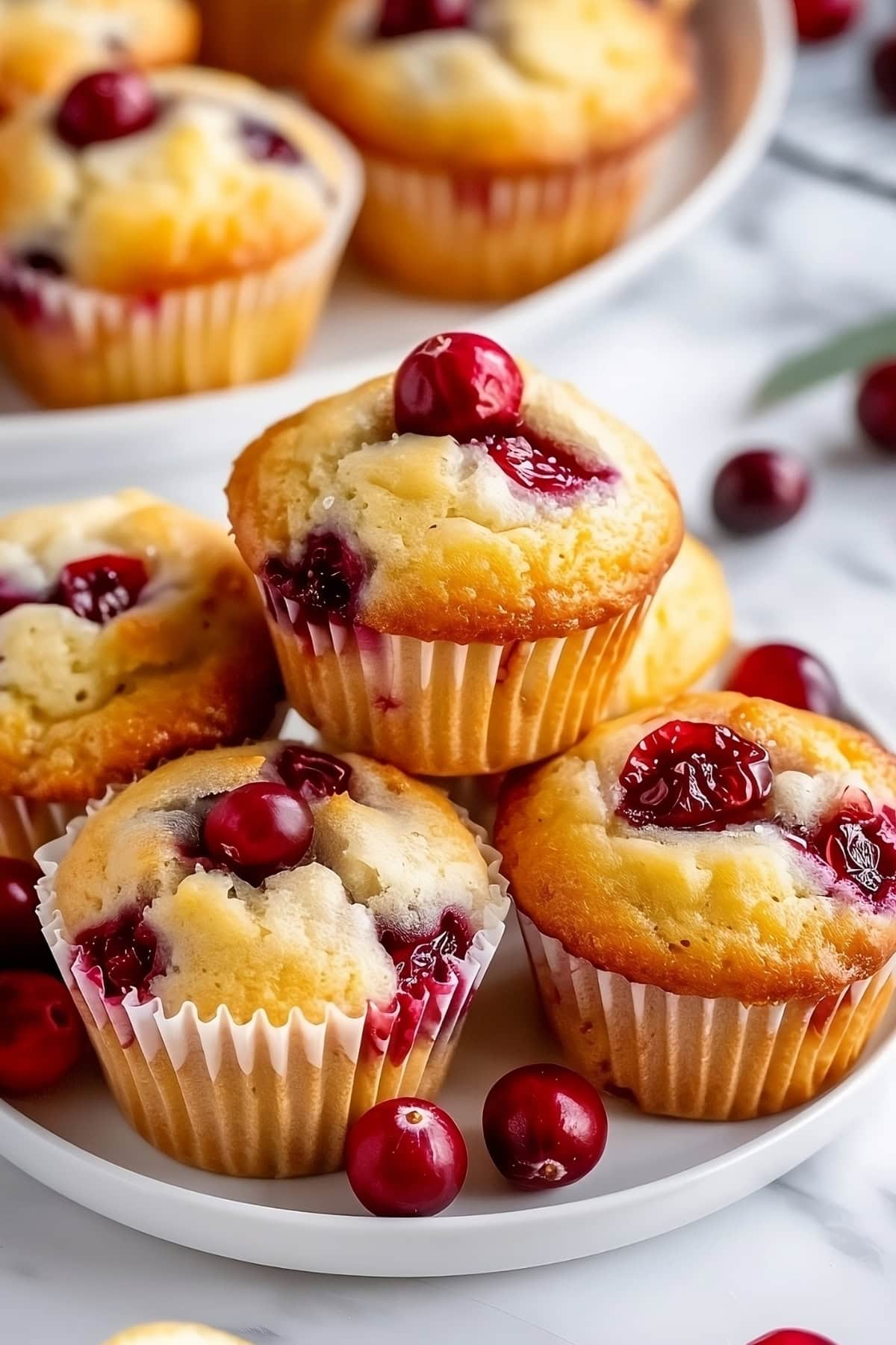Muffins with cranberries arranged in a white plate.