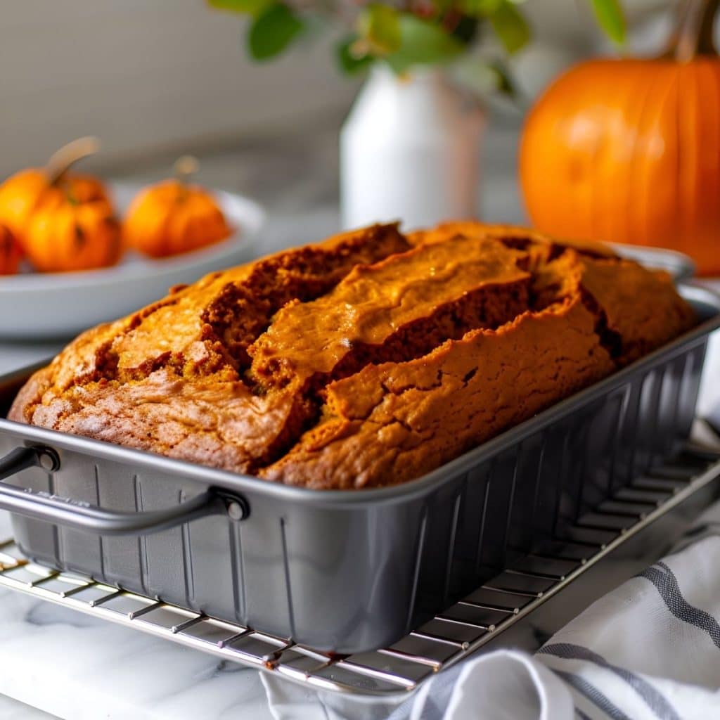 Baked Loaf of Libby's Pumpkin Bread in Loaf Pan Cooling on Wire Rack with Decorative Pumpkins