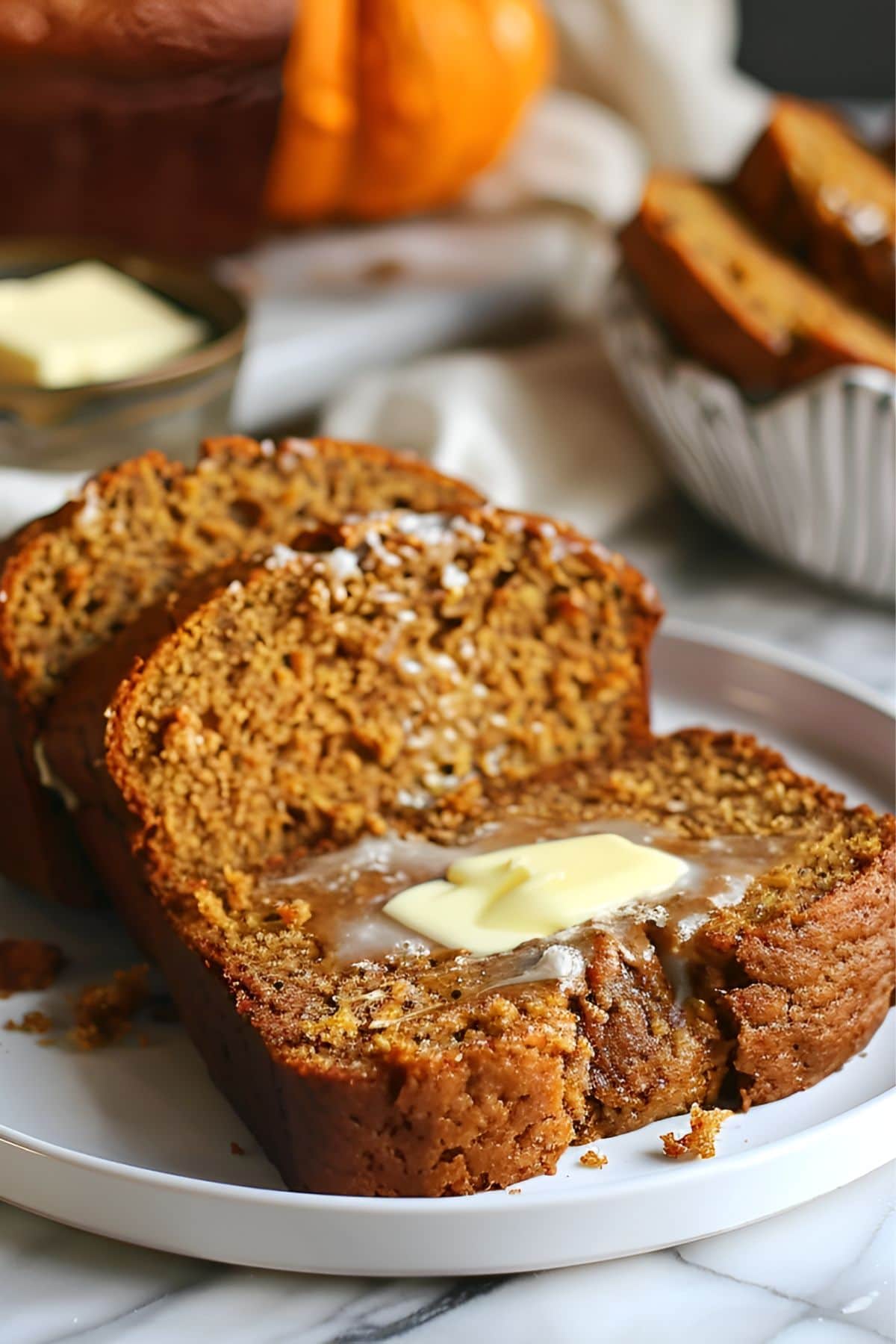 Close Up of Libby's Pumpkin Bread Slices with a Melting Butter