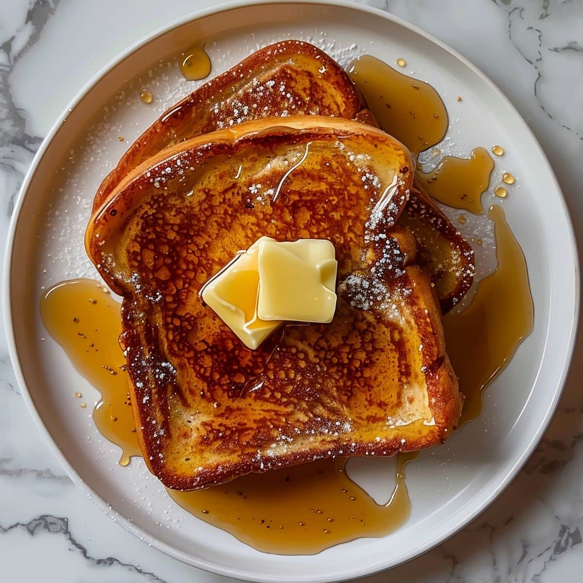 Two Caramelized Slices of McCormick French Toast with Butter, Powdered Sugar, and Maple Syrup on a White Plate on a White Marble Table