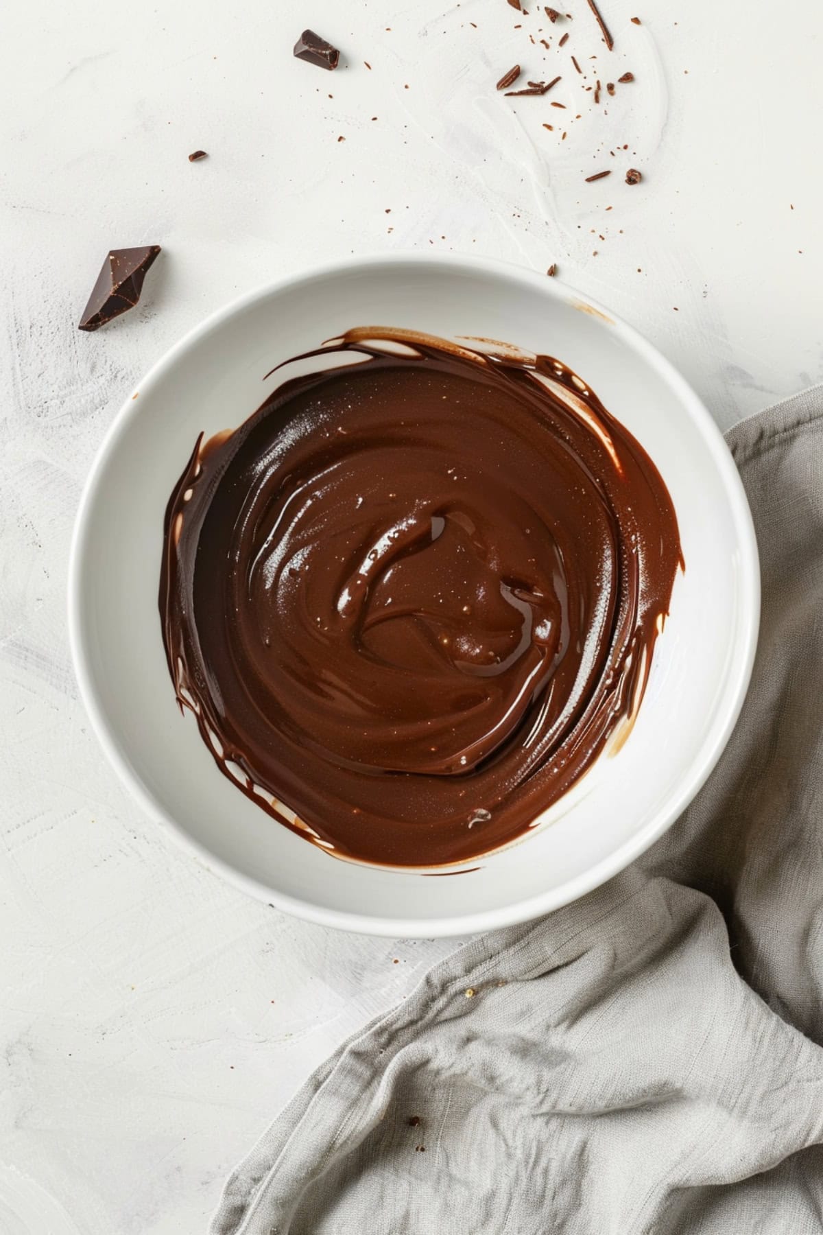 Overhead view of melted chocolate in a white bowl on a white marble table