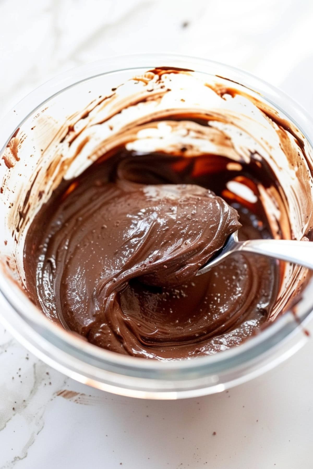 A glass bowl of melted chocolate on a white marble countertop