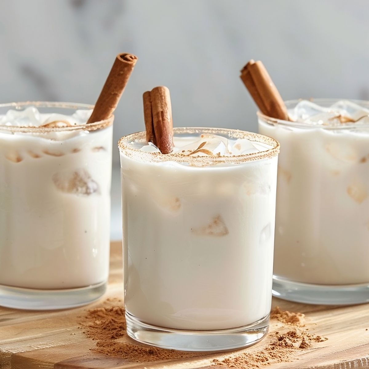 Three Glasses of Creamy Mexican Horchata with a Cinnamon Rim and a Cinnamon Stick Garnish