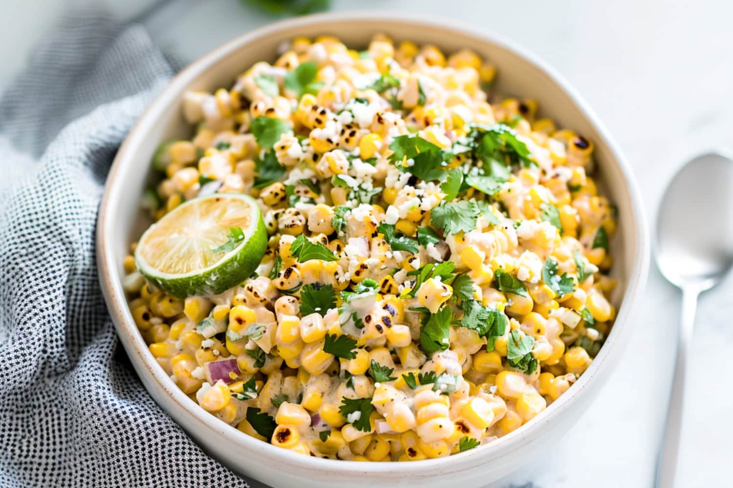 Creamy and bursting with flavor homemade Mexican street corn salad garnished with cilantro
