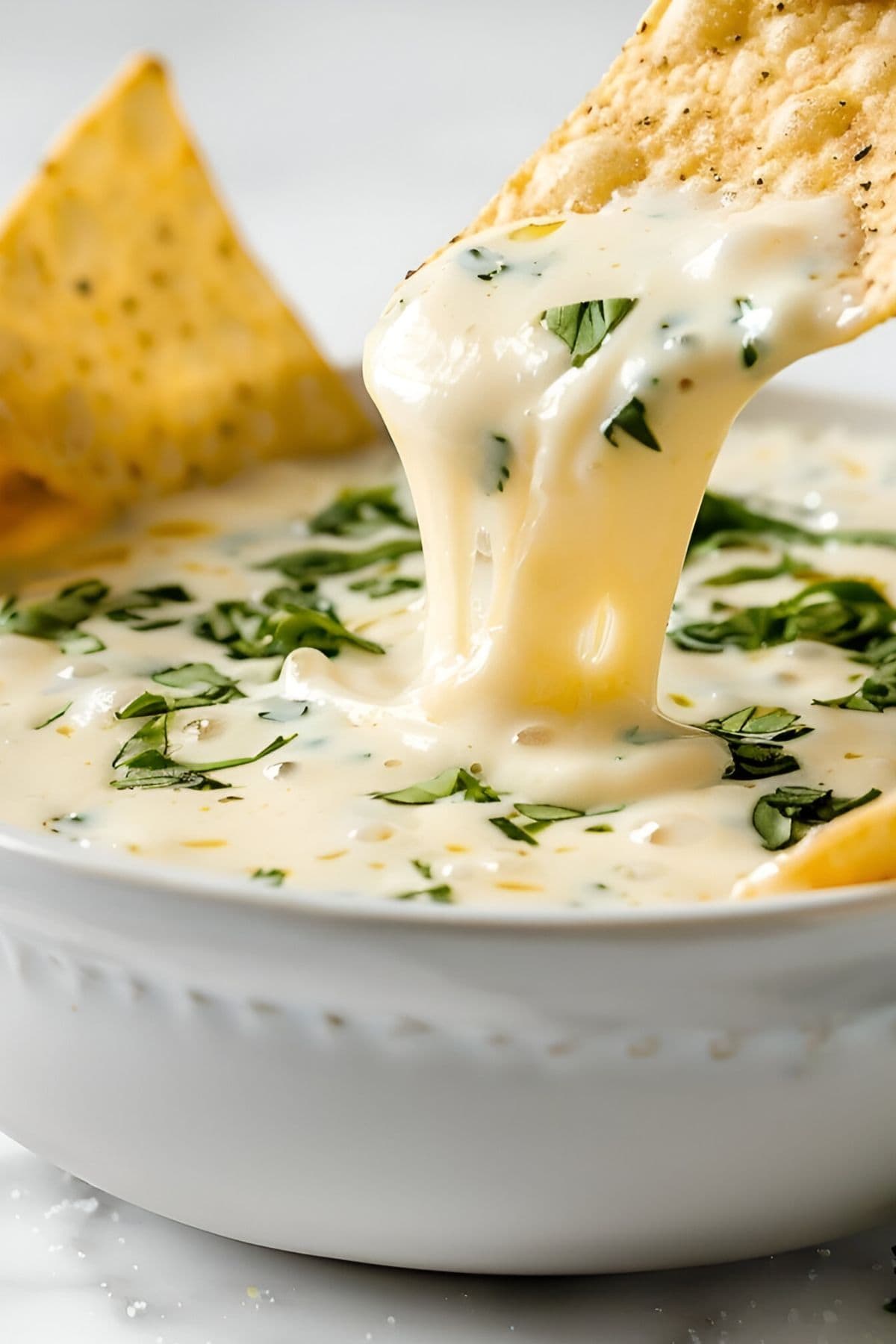 Close up of Chip Dipping Into Mexican White Queso Cheese Dip with Cilantro