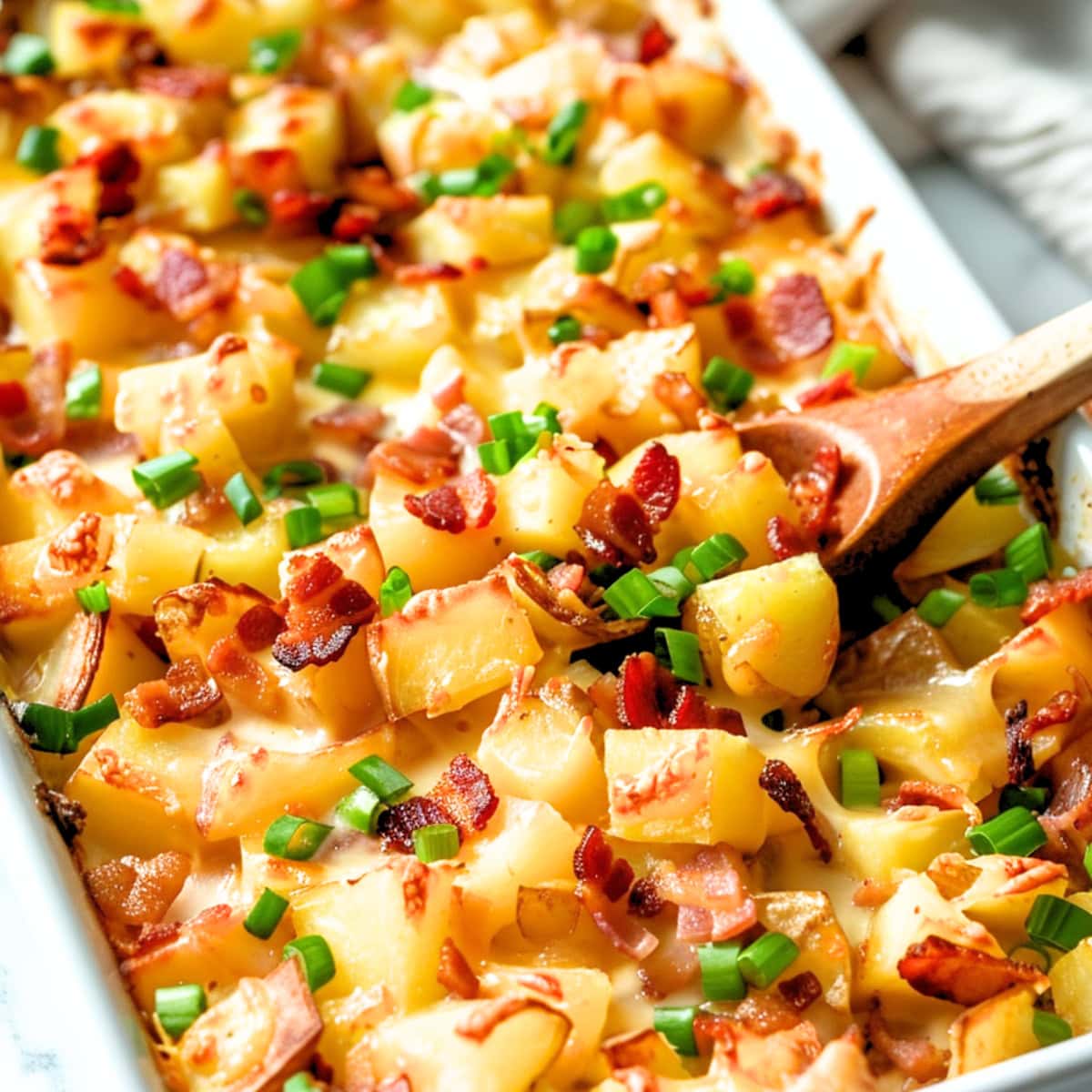 Baked Mississippi mud potatoes in a baking dish.