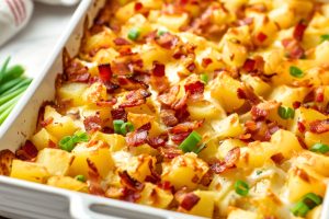 Baked potatoes with cheese and crumbled bacon on a baking dish.