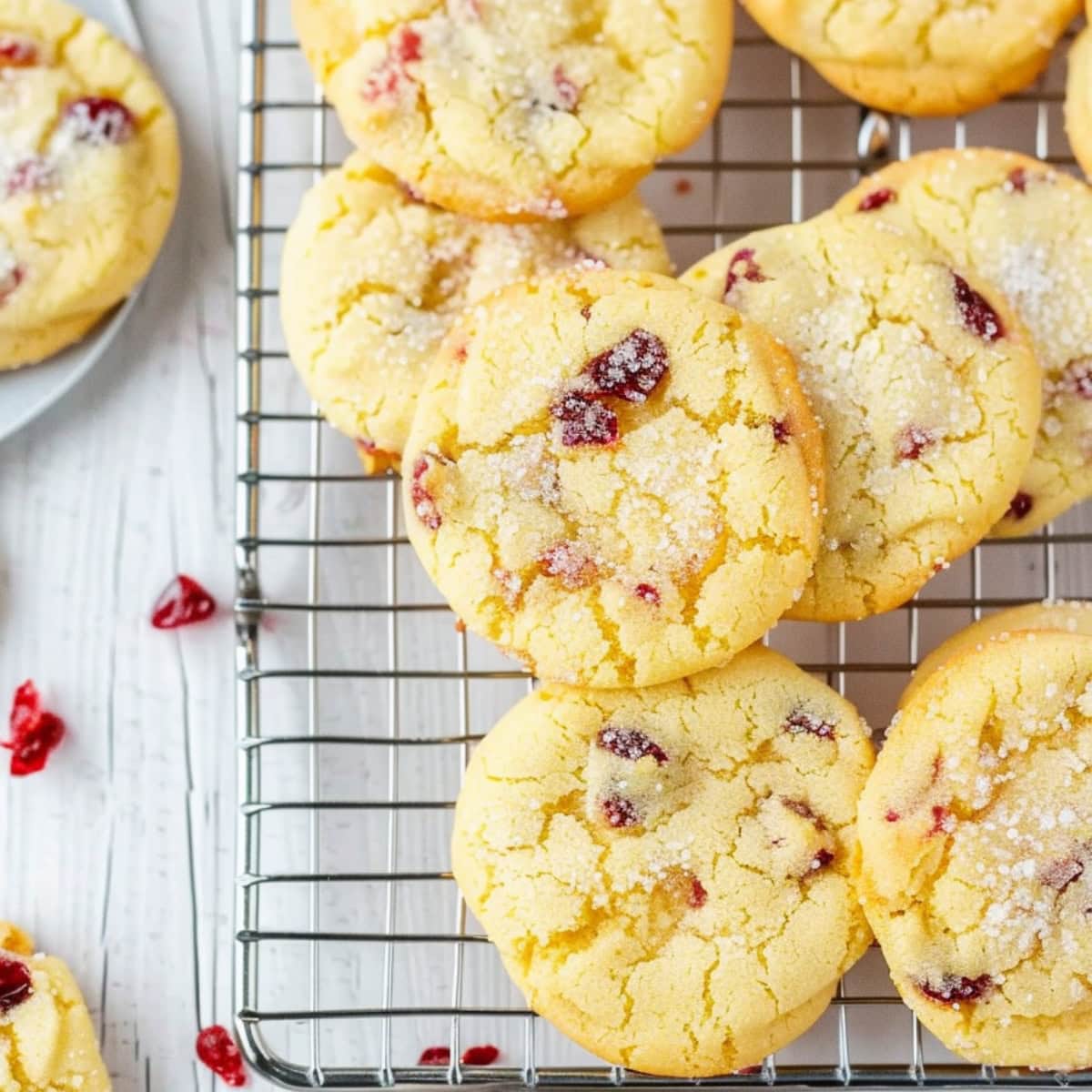 Bunch of orange cranberry cookies in a white plate.