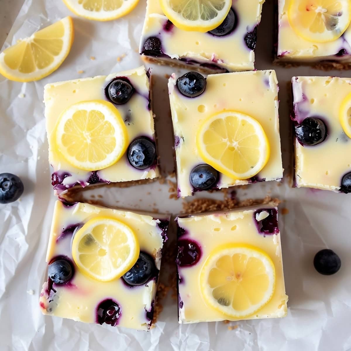 Lemon blueberry cheesecake bars with a buttery graham cracker crust.