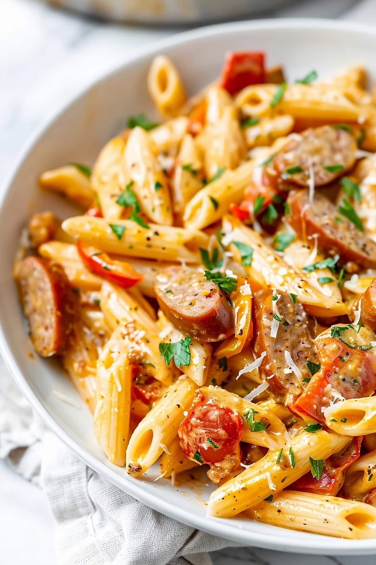 Penne pasta served with cajun sauce and sausage slices garnished with grated parmesan cheese.