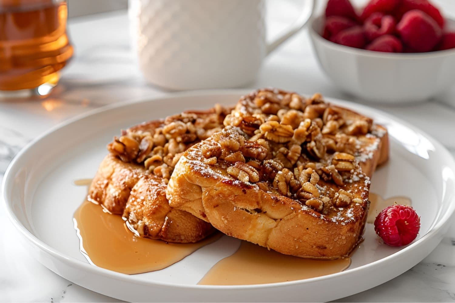 Two Slices of Paula Deen's French Toast with Pecan Praline Topping and Maple Syrup on a White Plate with Coffee and a Bowl of Raspberries in the Background