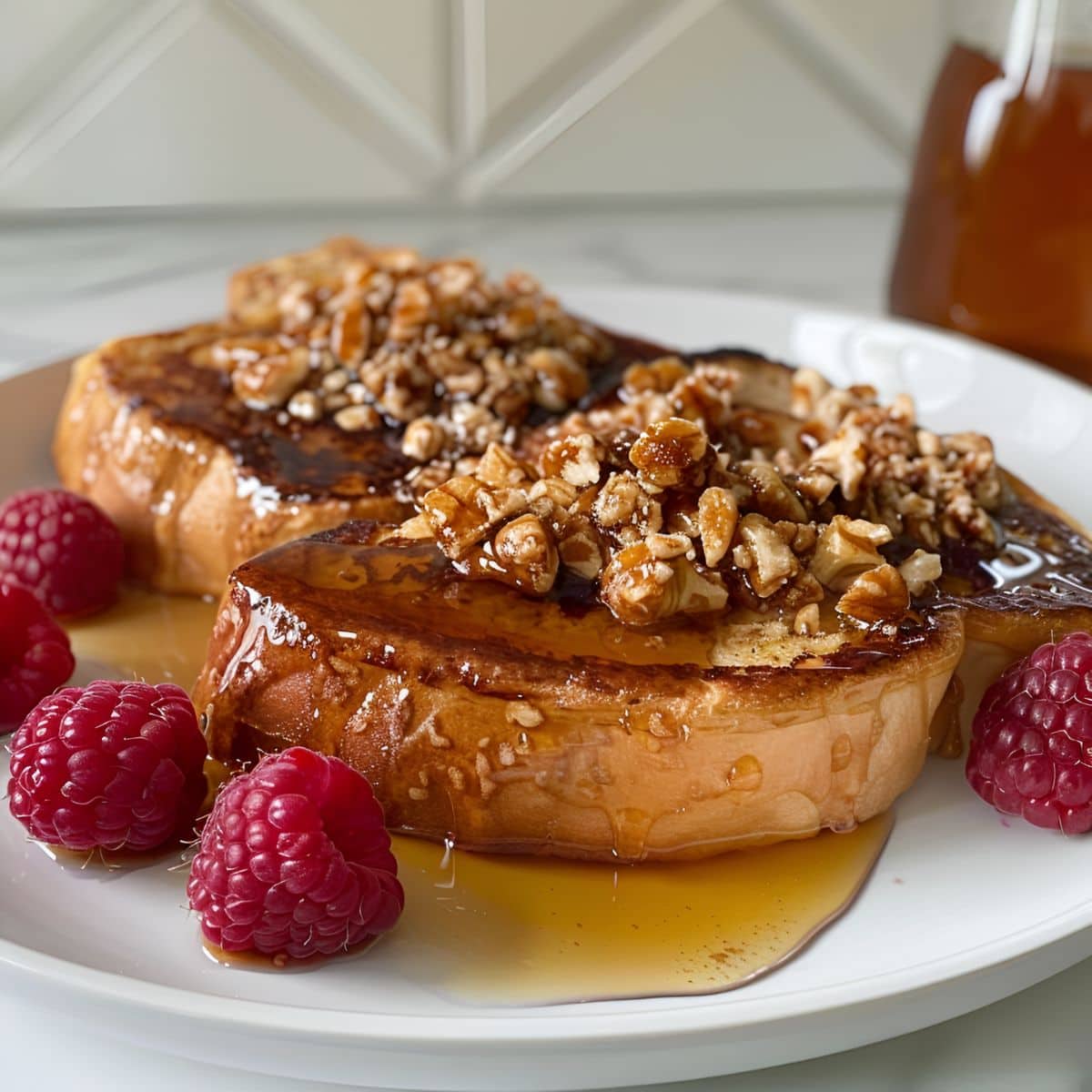 Two Slices of Paula Deen's French Toast with Praline Topping, Maple Syrup, and Fresh Raspberries on a White Plate