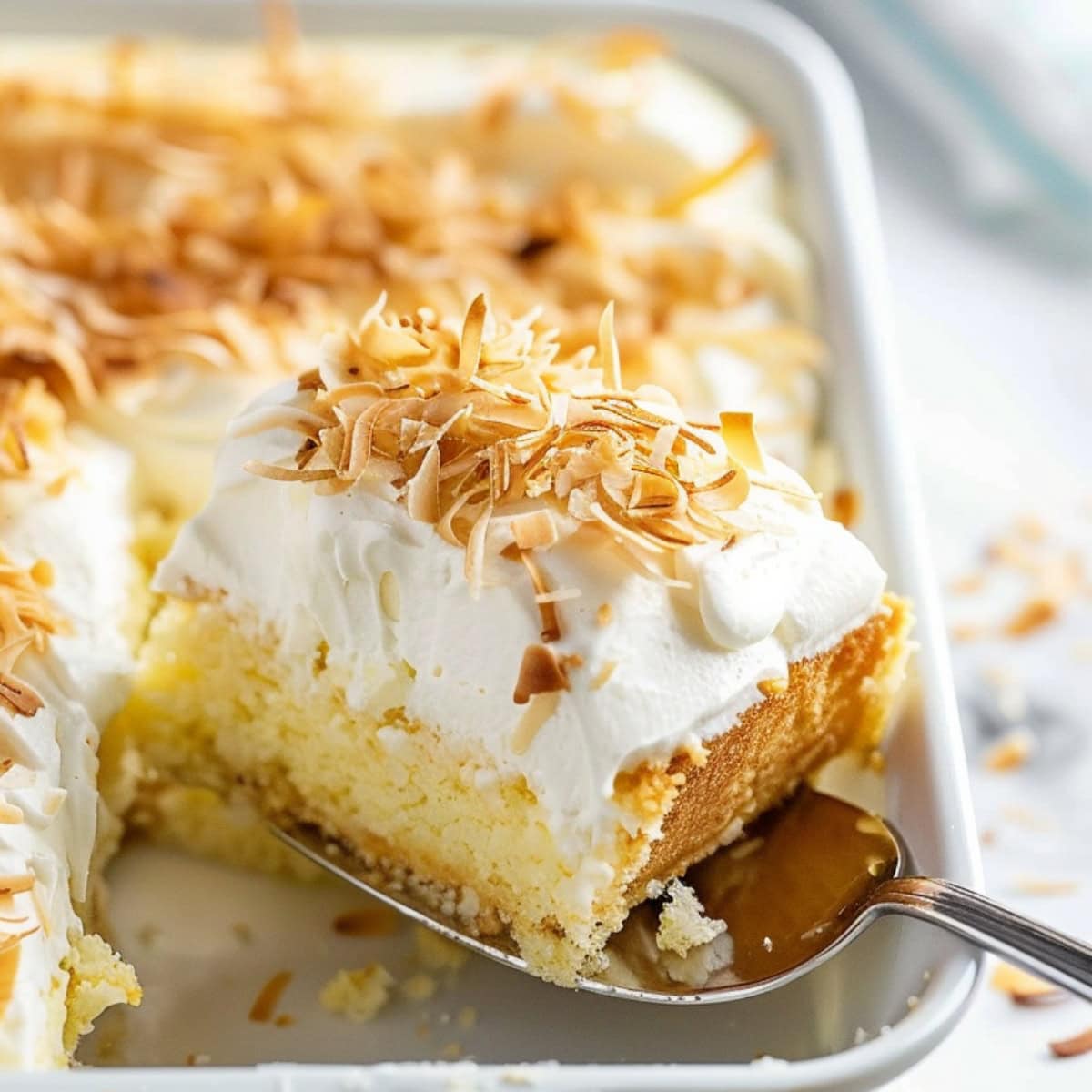 Ladle lifting a slice of pina colada poke cake with craem and toasted coconut garnish.