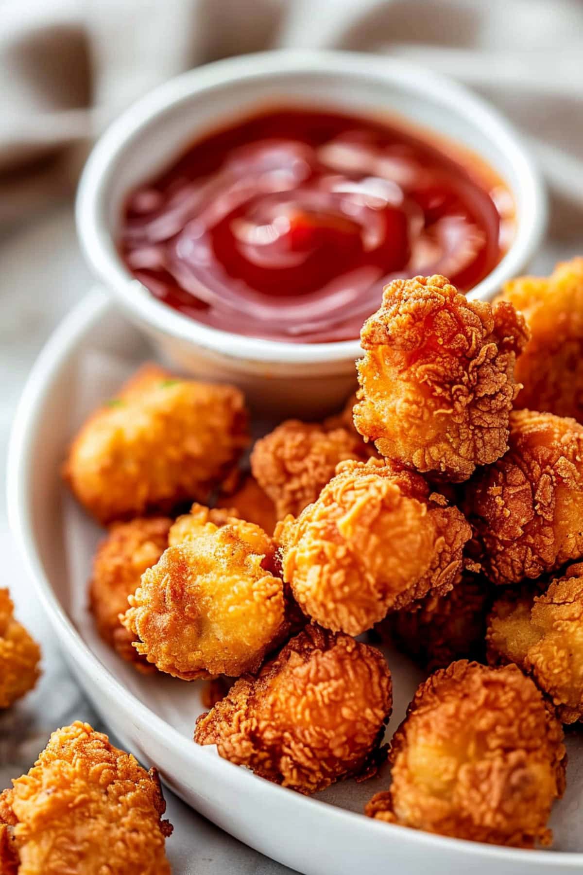 Golden-brown popcorn chicken piled high in a white bowl