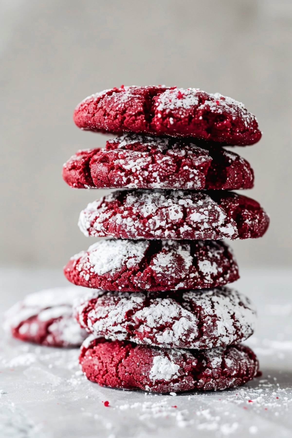 Stack of Red Velvet Crinkle Cookies Dusted with Powdered Sugar