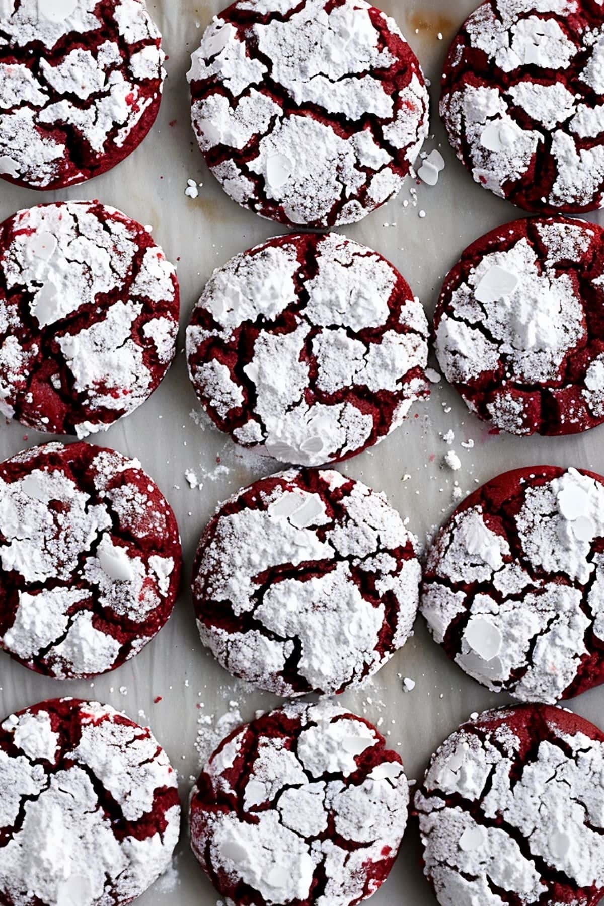 Top View of Red Velvet Crinkle Cookies with  Powdered Sugar in Even Rows on Parchment Paper