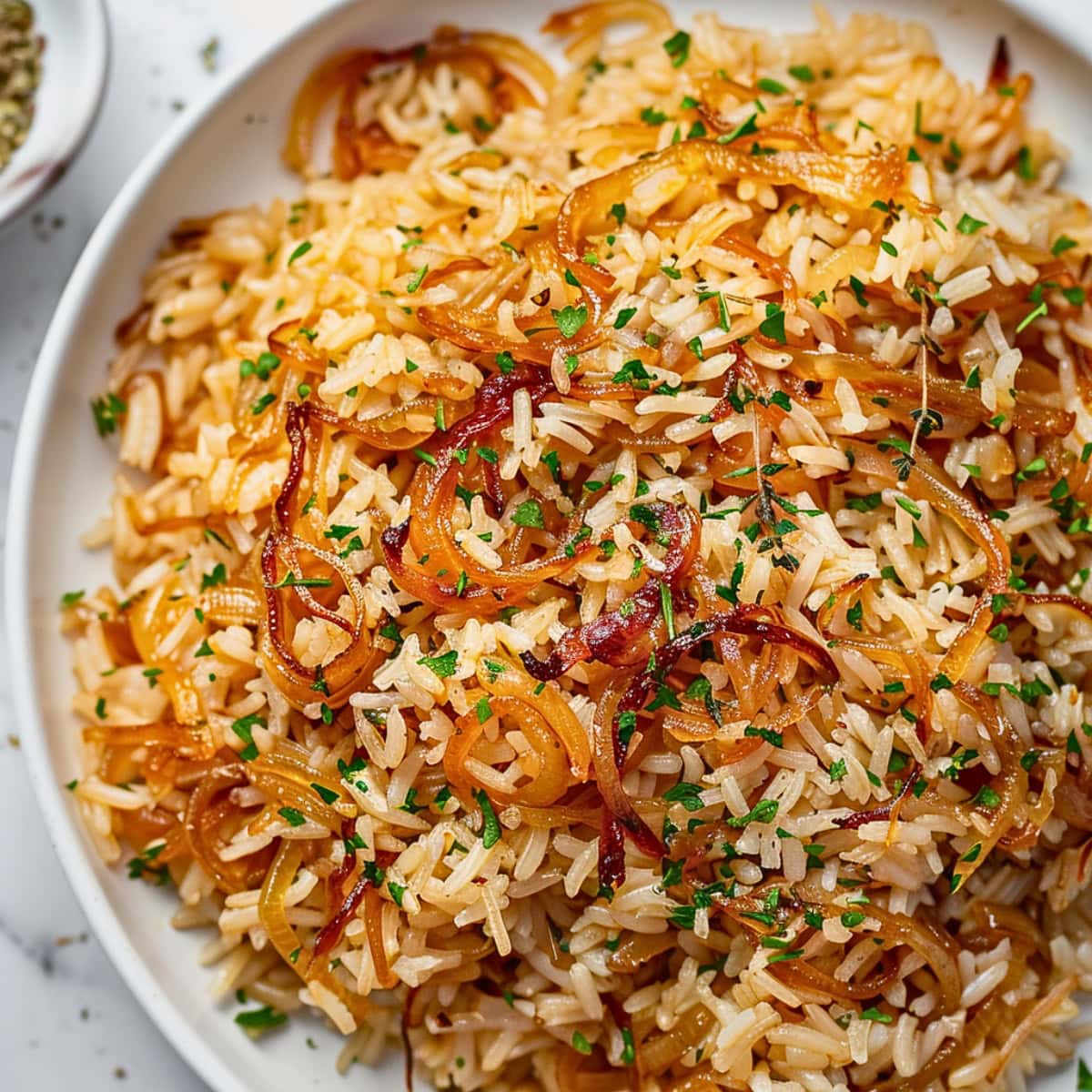 Rice with French onion served in a white plate.
