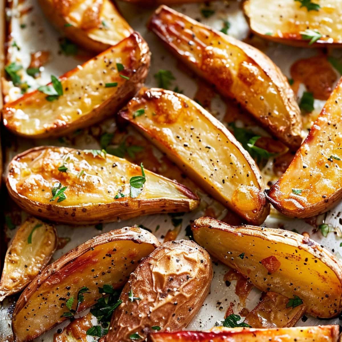 Roasted fingerling potatoes sliced in half on a baking sheet.