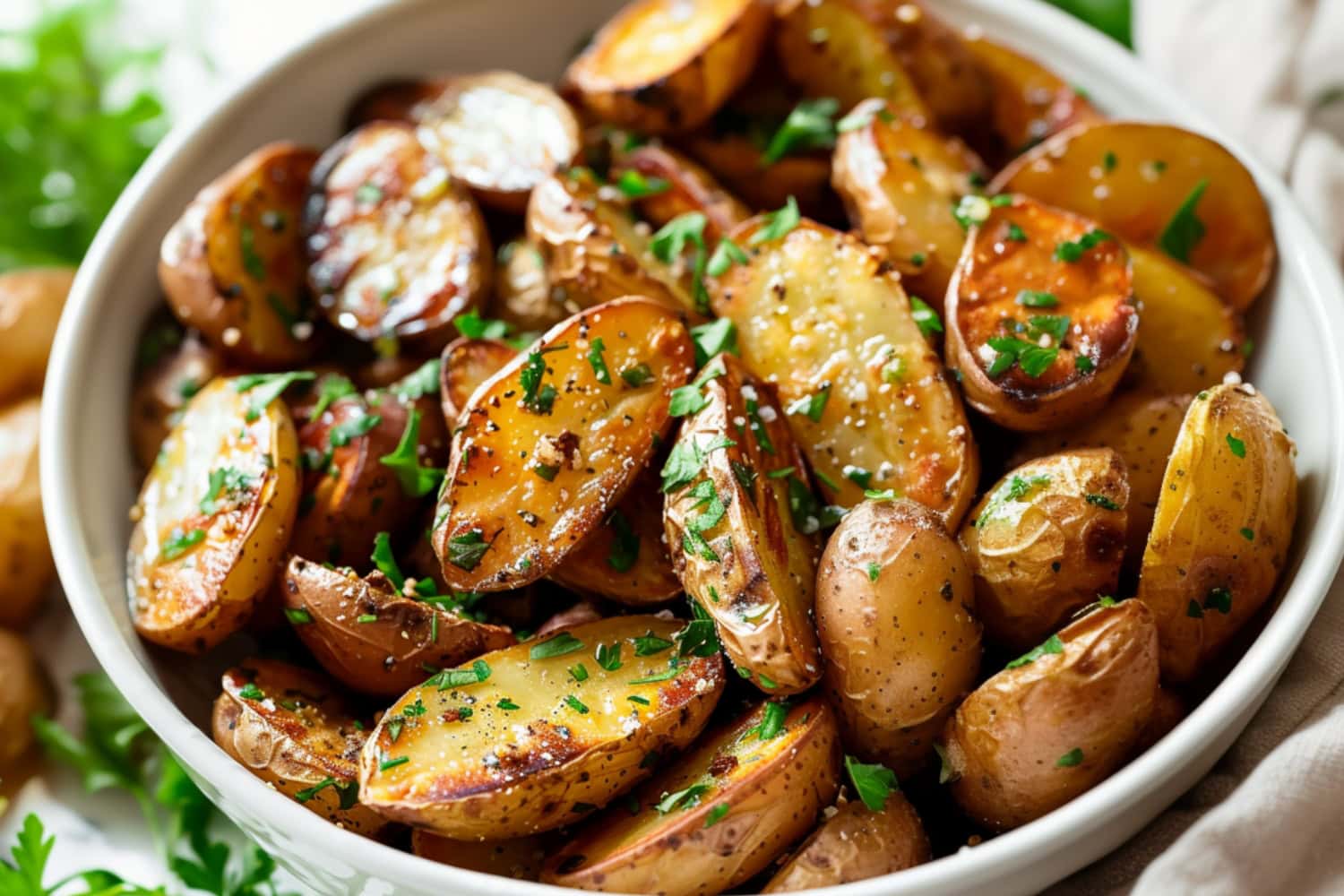 Roasted fingerling potatoes in a white bowl.