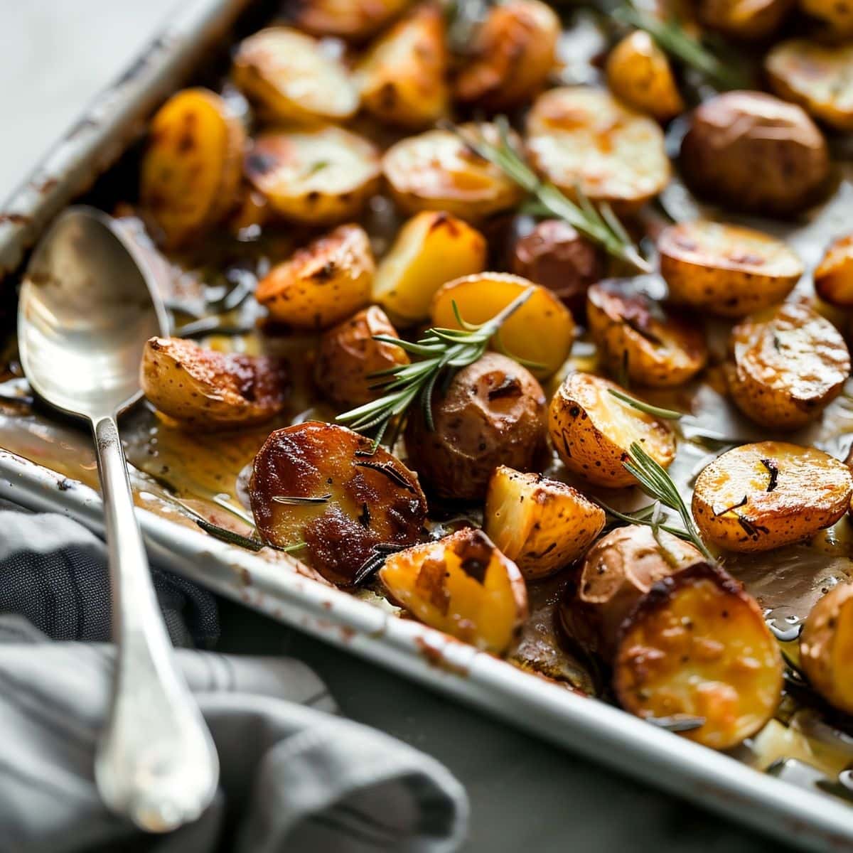 Close Up of Crispy, Golden Brown Roasted Rosemary Potatoes Fresh Out of the Oven on a Parchment-Lined Baking Tray with a Spoon