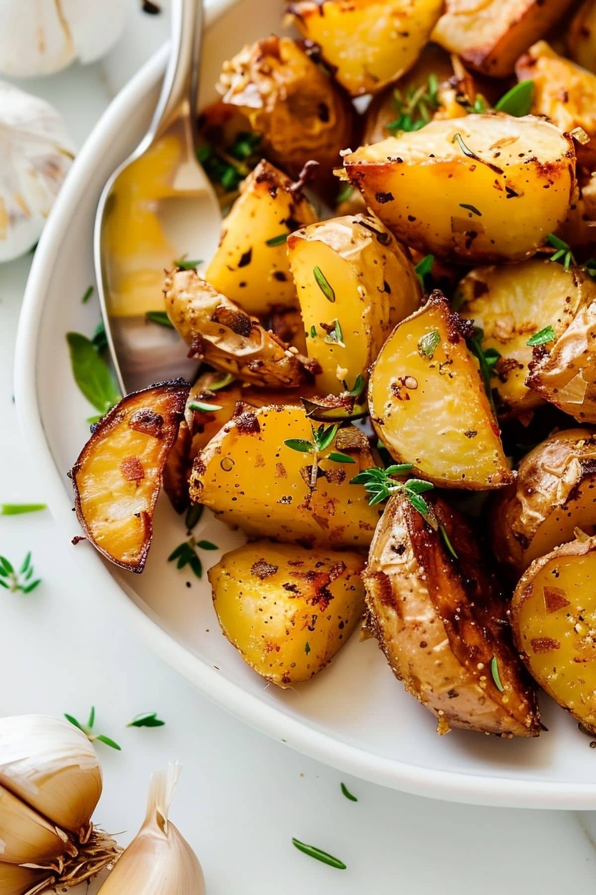 Close Up of Crispy Seasoned Rosemary Roasted Potatoes in a White Serving Dish with a Silver Spoon