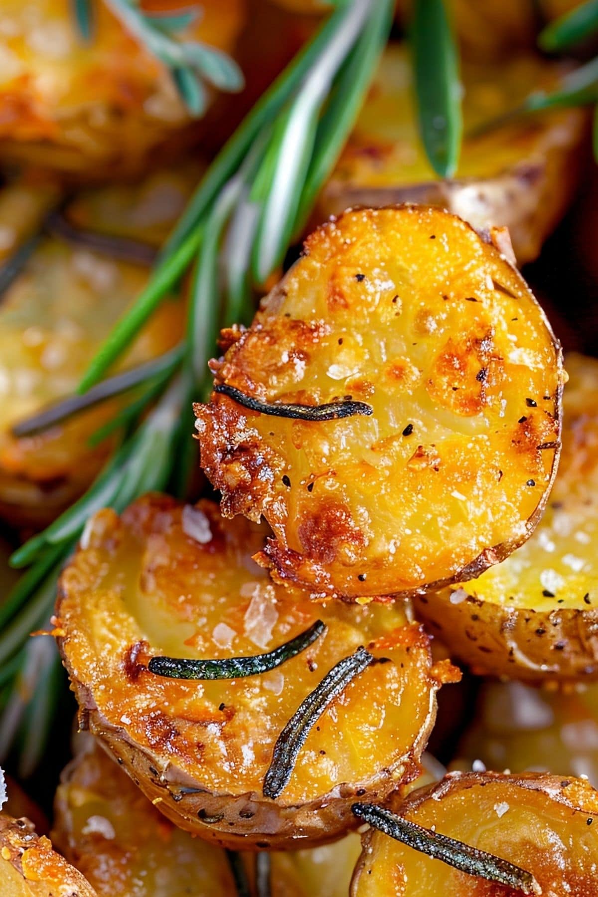 Super Close Up of Crispy Golden Rosemary Roasted Potatoes