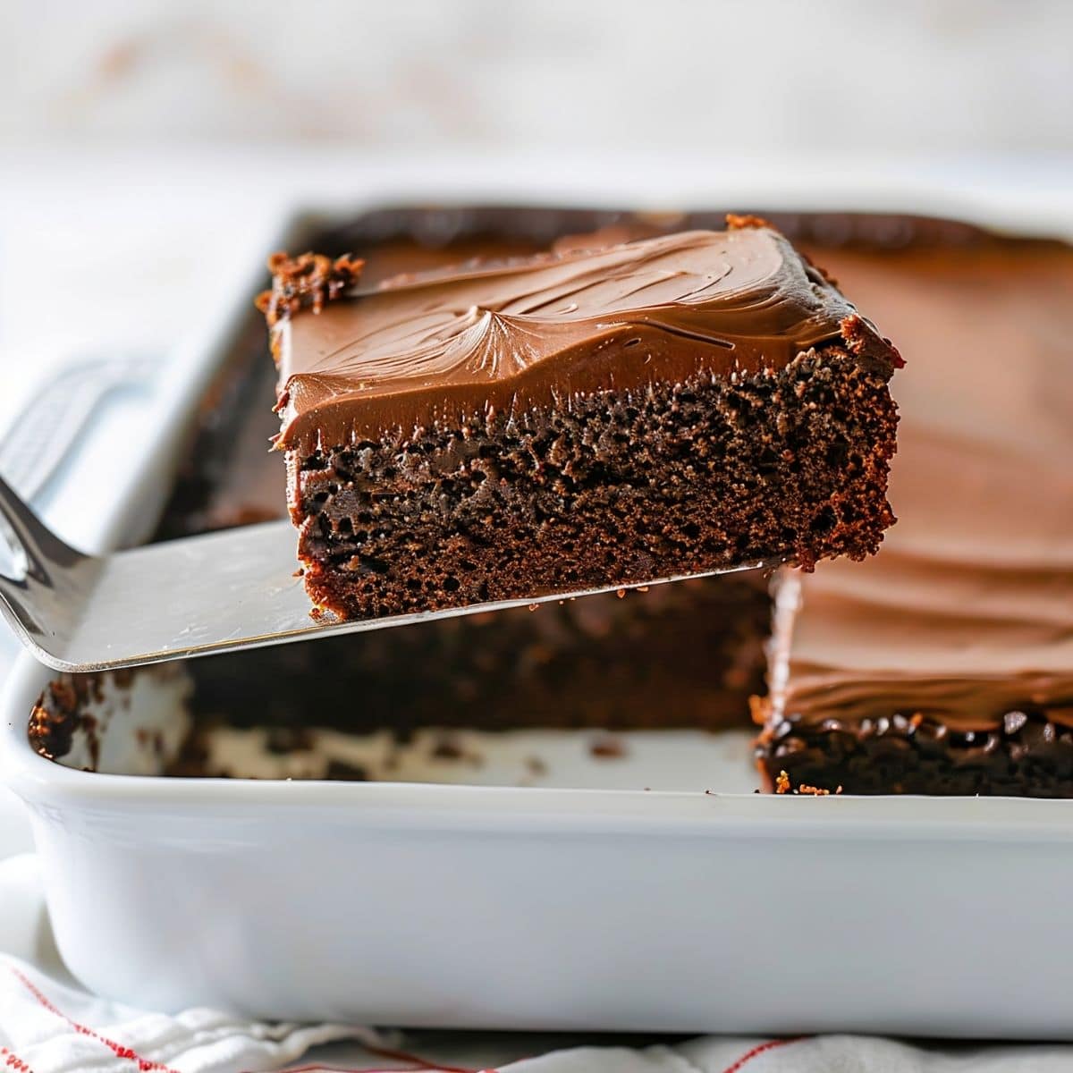 Spatula Holding Up a Slice of Chocolate Coca Cola Cake with Frosting with the Rest of the Cake in the Background