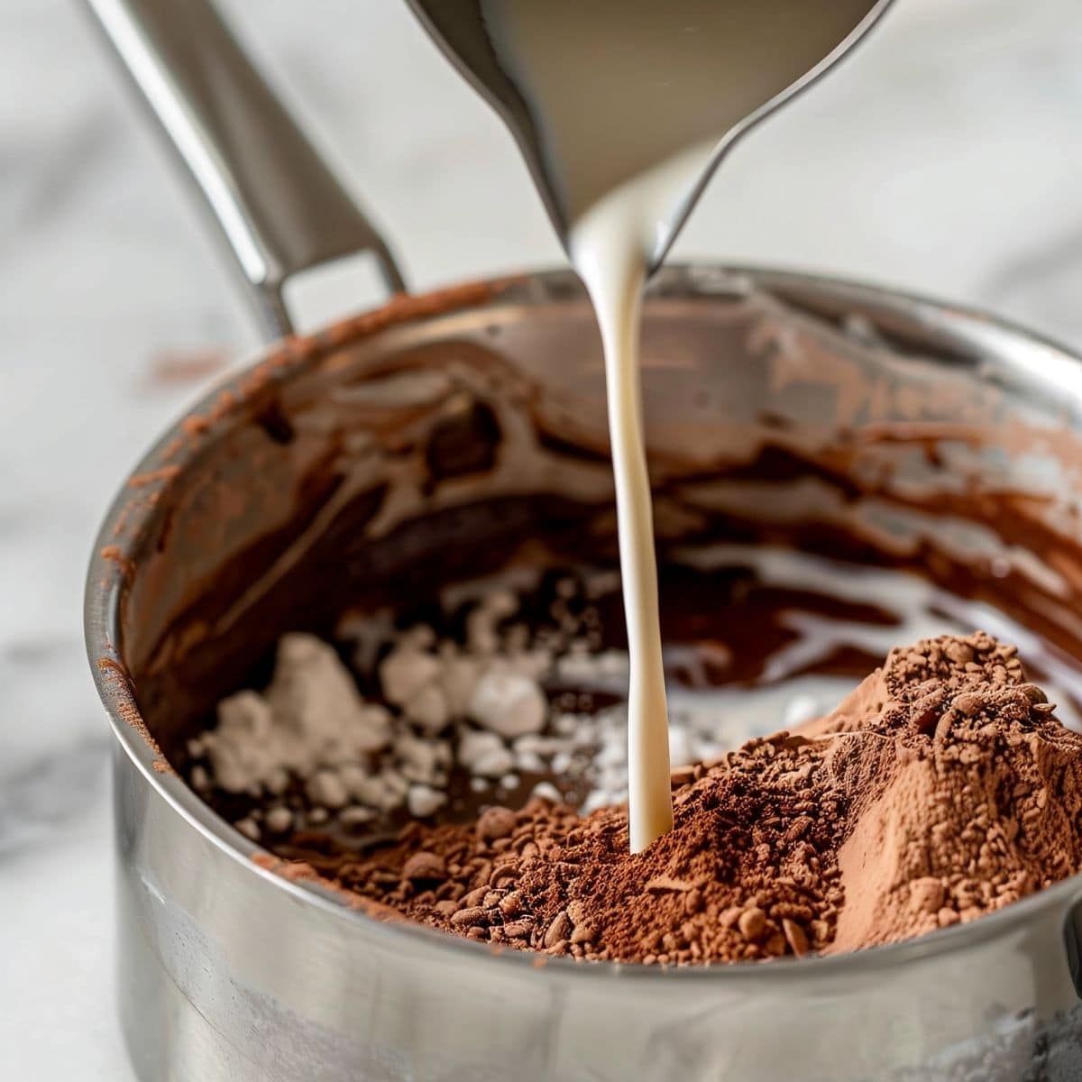 Close Up of Pouring Milk into Sugar, Cornstarch, and Cocoa Powder in a Saucepan