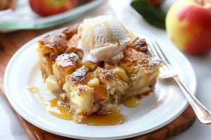 Slice of apple pie bread pudding in white plate with vanilla ice cream and caramel syrup.