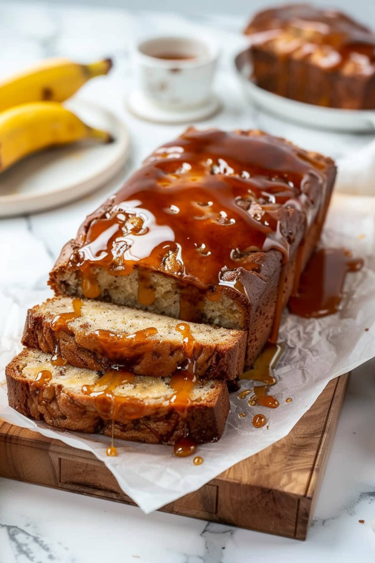 Sliced banana bread with caramel drizzle on top on a wooden board with parchment paper.