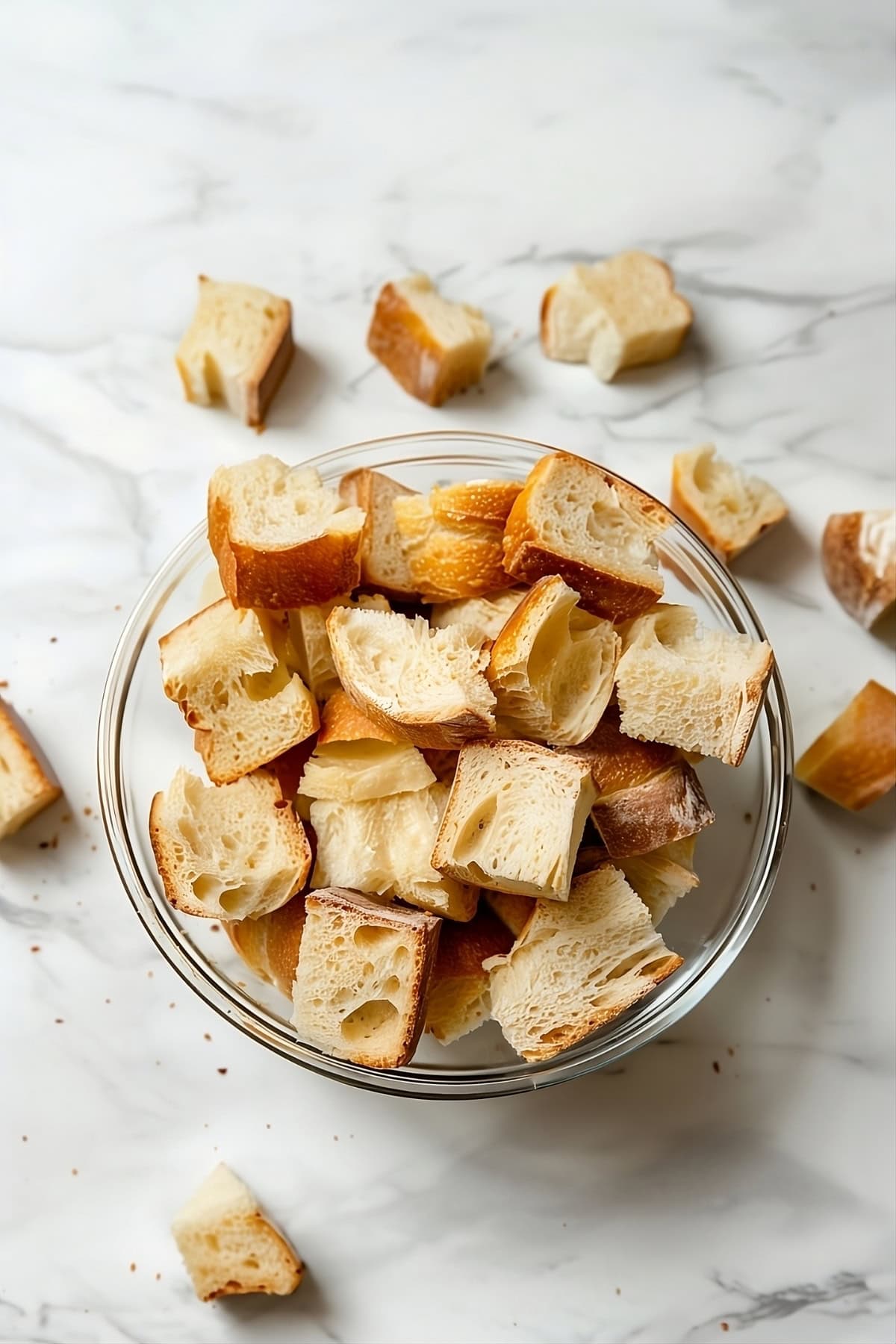 Cube sliced brioche bread in a glass bowl.