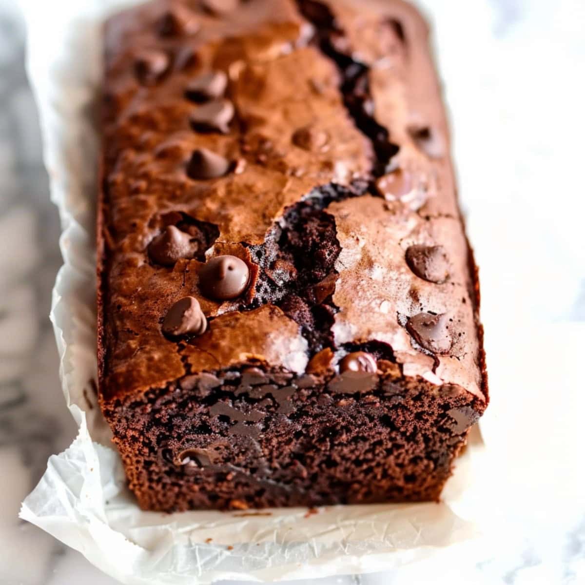 Sliced brownie bread showing its texture on a white parchment paper