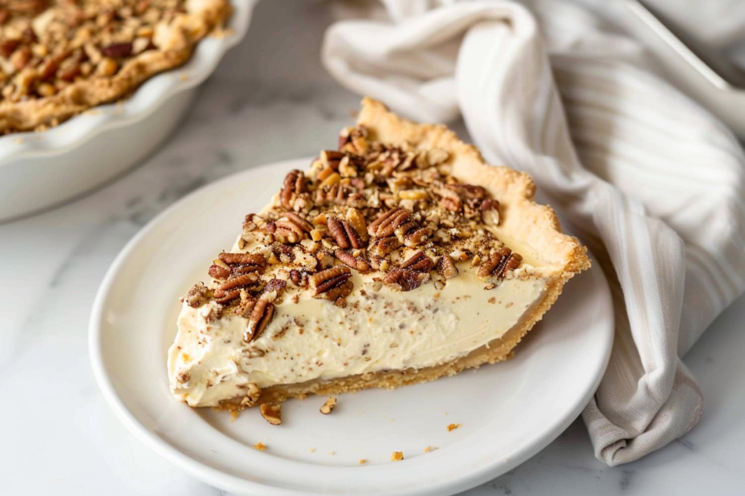 Rich pecan cream pie, featuring a smooth and creamy filling topped with crushed nuts
