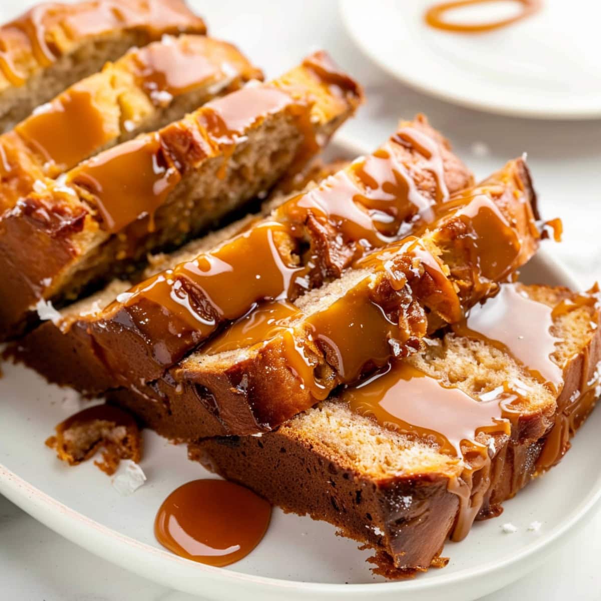 Slices of banana loaf bread on a plate drizzled with salted caramel.