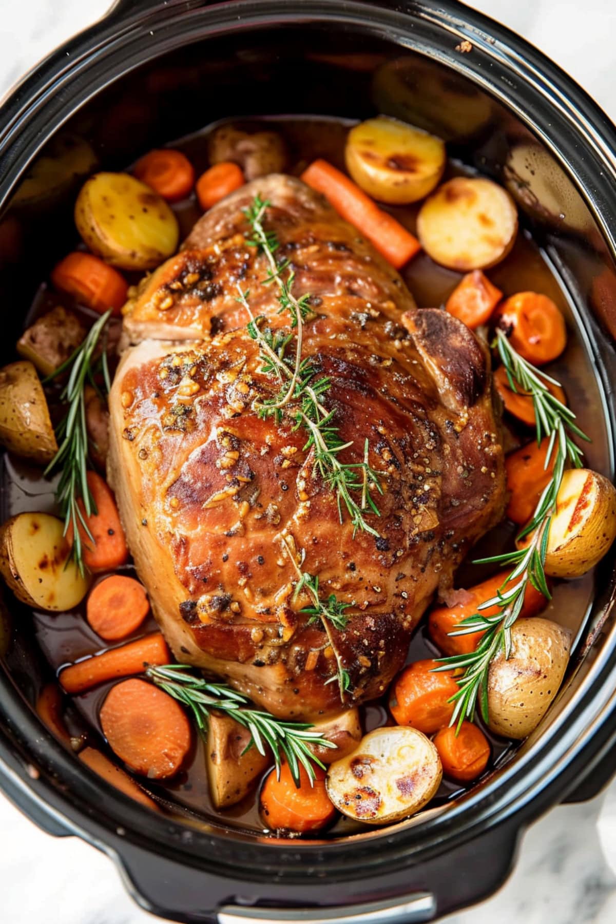 Roast pork in slow cooker with carrots and potatoes.