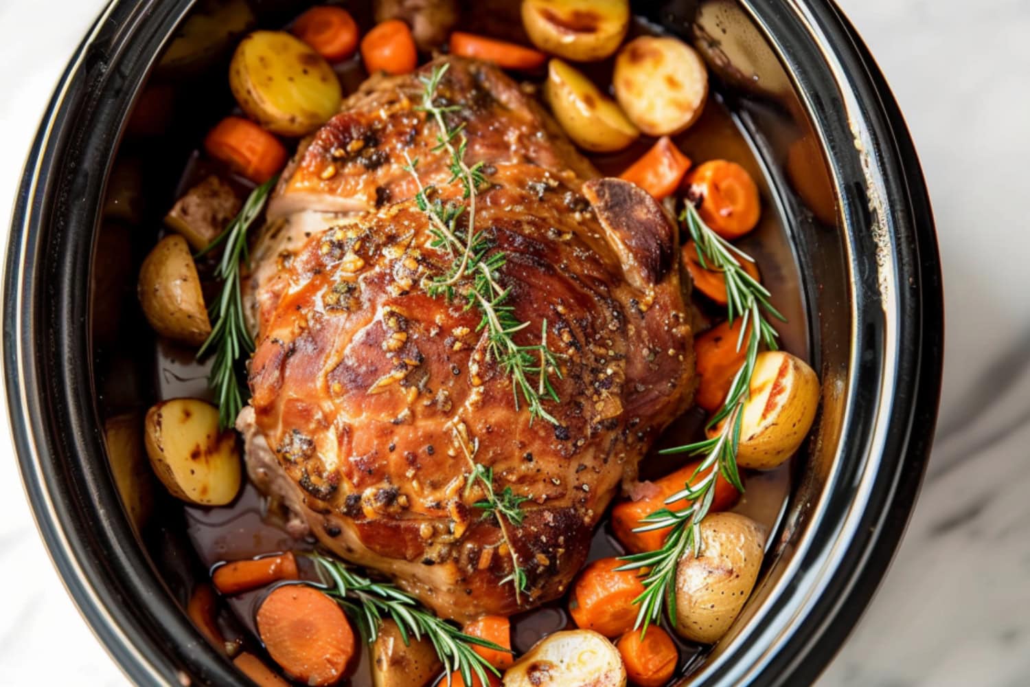 Slow cooker pork roast in a slow cooker pot with potatoes and carrots.