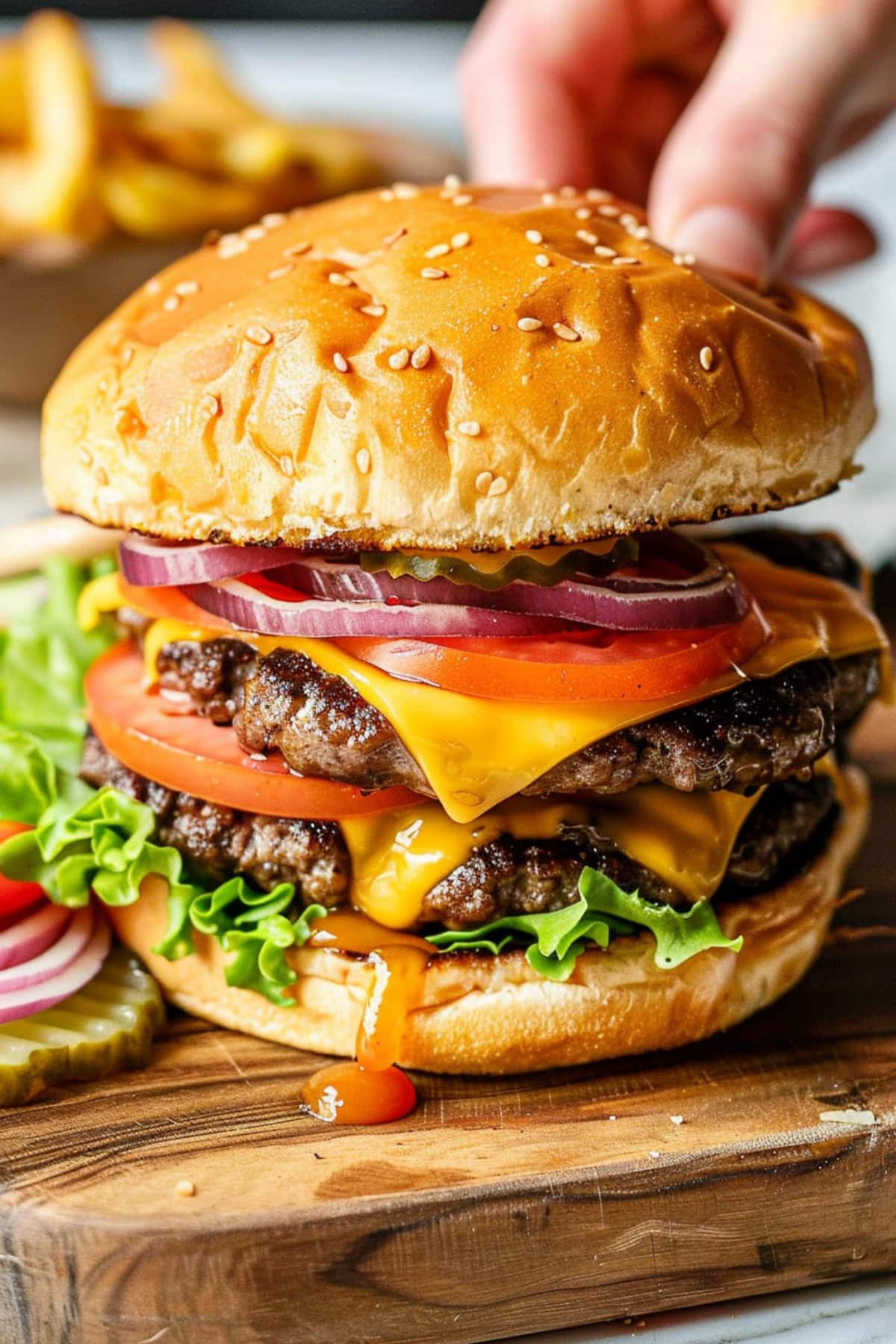 Double patty smash burger in a wooden board with cheese, tomato, red onion and pickles.