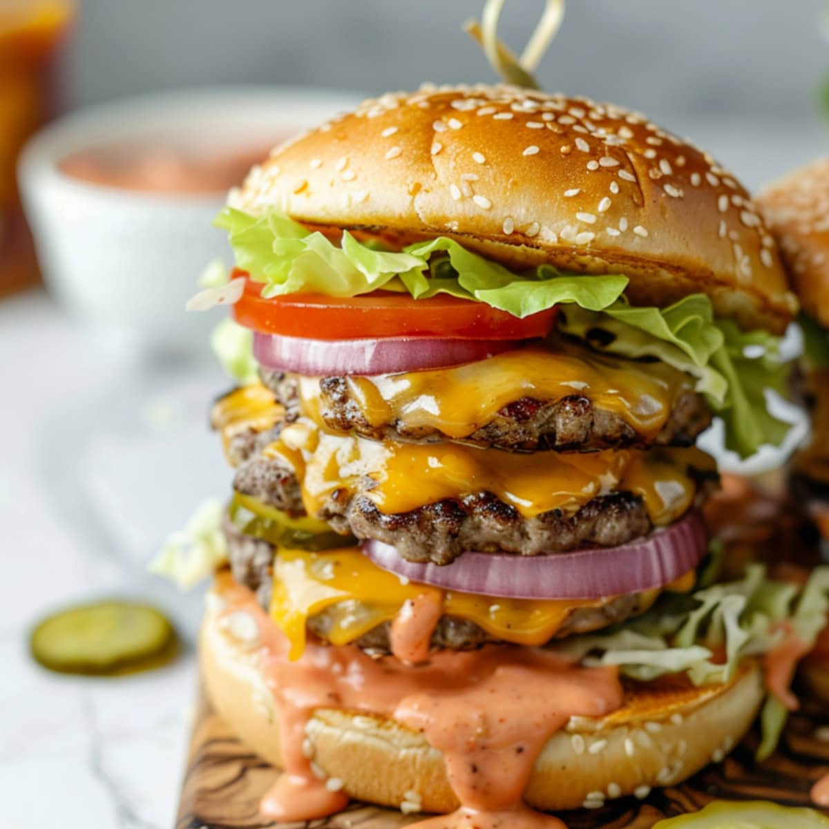 Triple patty burger with tomatoes, lettuce, melted cheese and dressing.