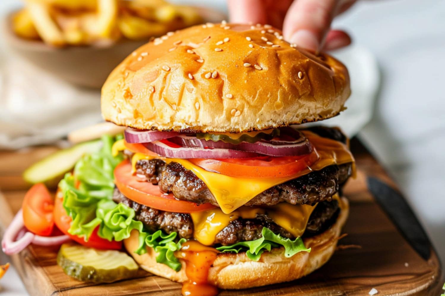 Double patty burger with tomatoes, red onions, cheese and lettuce on a wooden board.