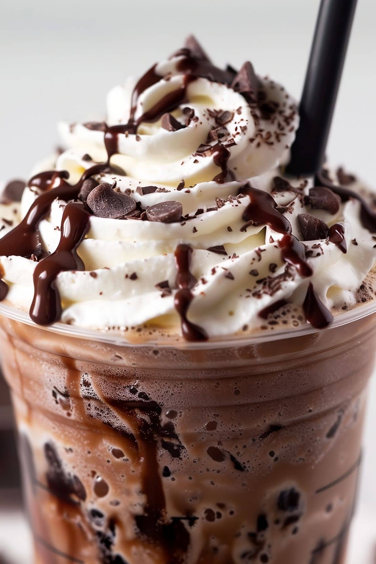 Super Close Up of Starbucks Double Chocolate Chip Frappuccino with Whipped Cream, Chocolate Chips, Chocolate Sauce Drizzle, and Chocolate Shavings