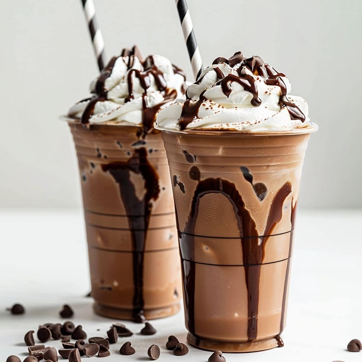Two Plastic Cups of Starbucks Double Chocolate Chip Frappuccino with Whipped Cream, Chocolate Drizzle, and Chocolate Chips with a Striped Straw on a White Marble Table with Chocolate Chips