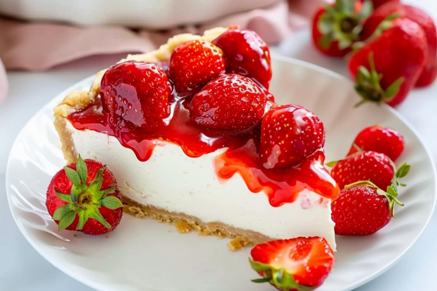 Slice of strawberry cream pie in a white plate.