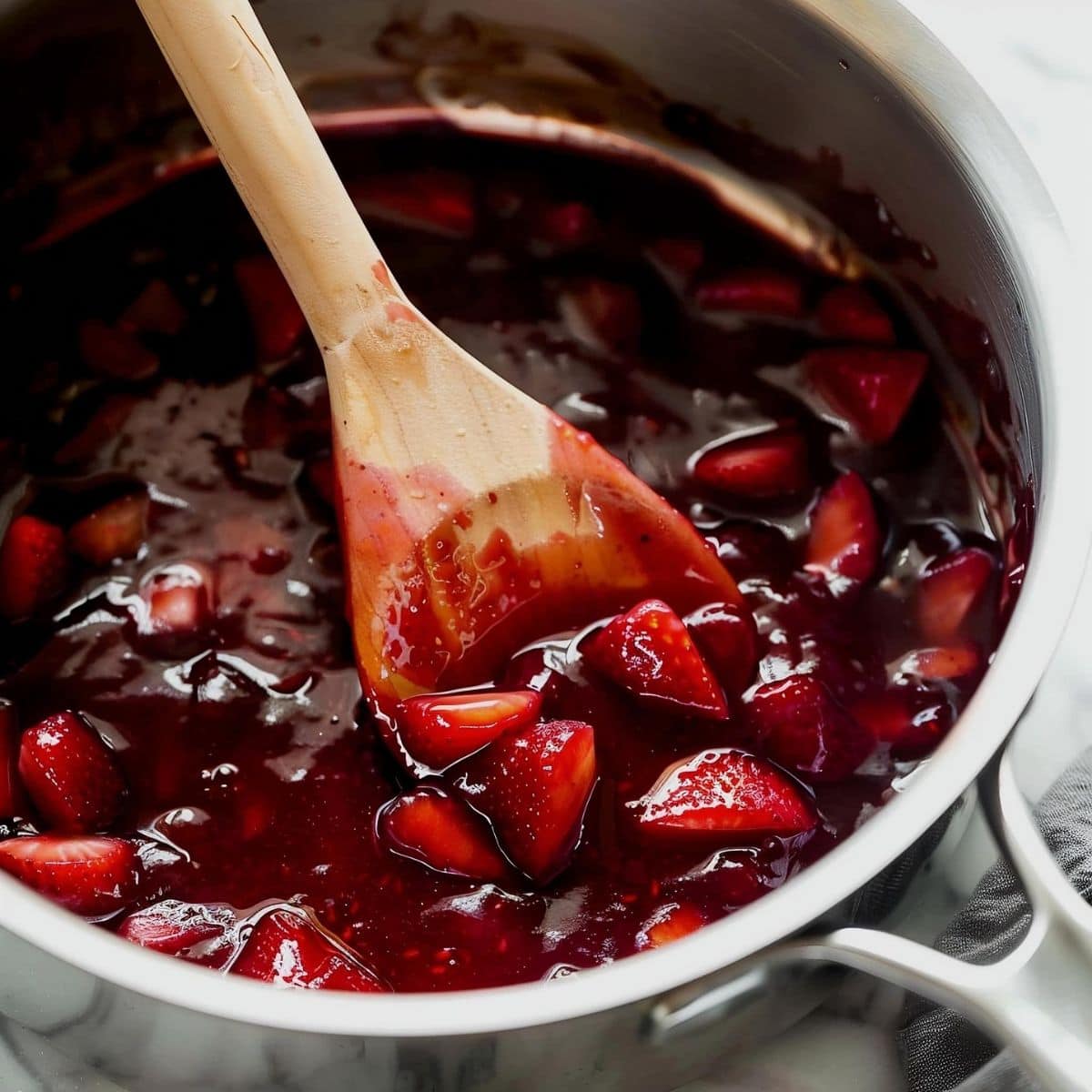 Close Up of Strawberry Glaze in a Saucepan with a Wooden Spoon on a White Marble Table