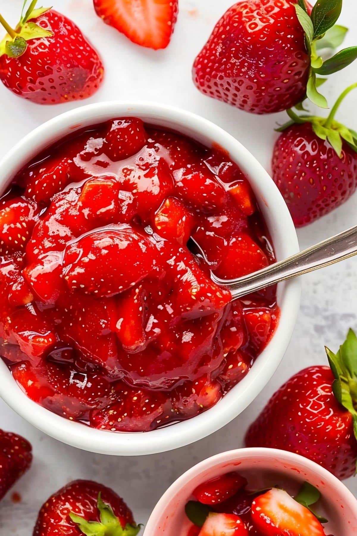 Close Up Top View of Chunky Strawberry Glaze in a White Bowl with a Spoon on a White Marble Table with Fresh Strawberries Around the Bowl