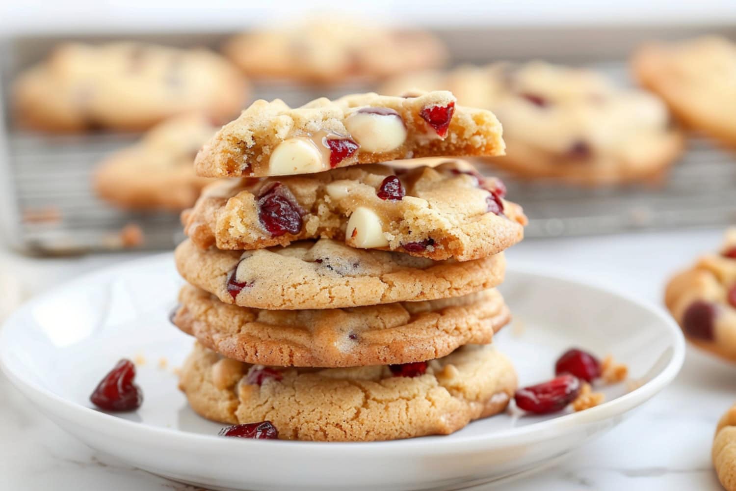 Stack of cranberry with white chocolate cookies in a white plate.