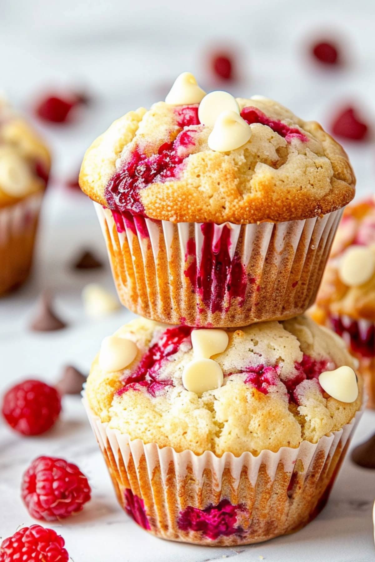 Two white chocolate raspberry muffins stack on each other on a white marble table.