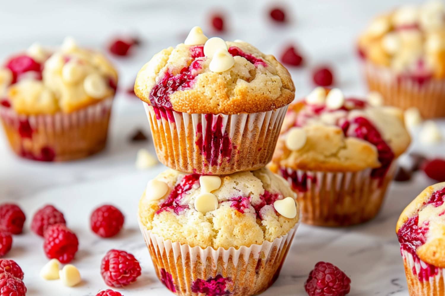 Muffins with white chocolate and raspberries stack on each other.