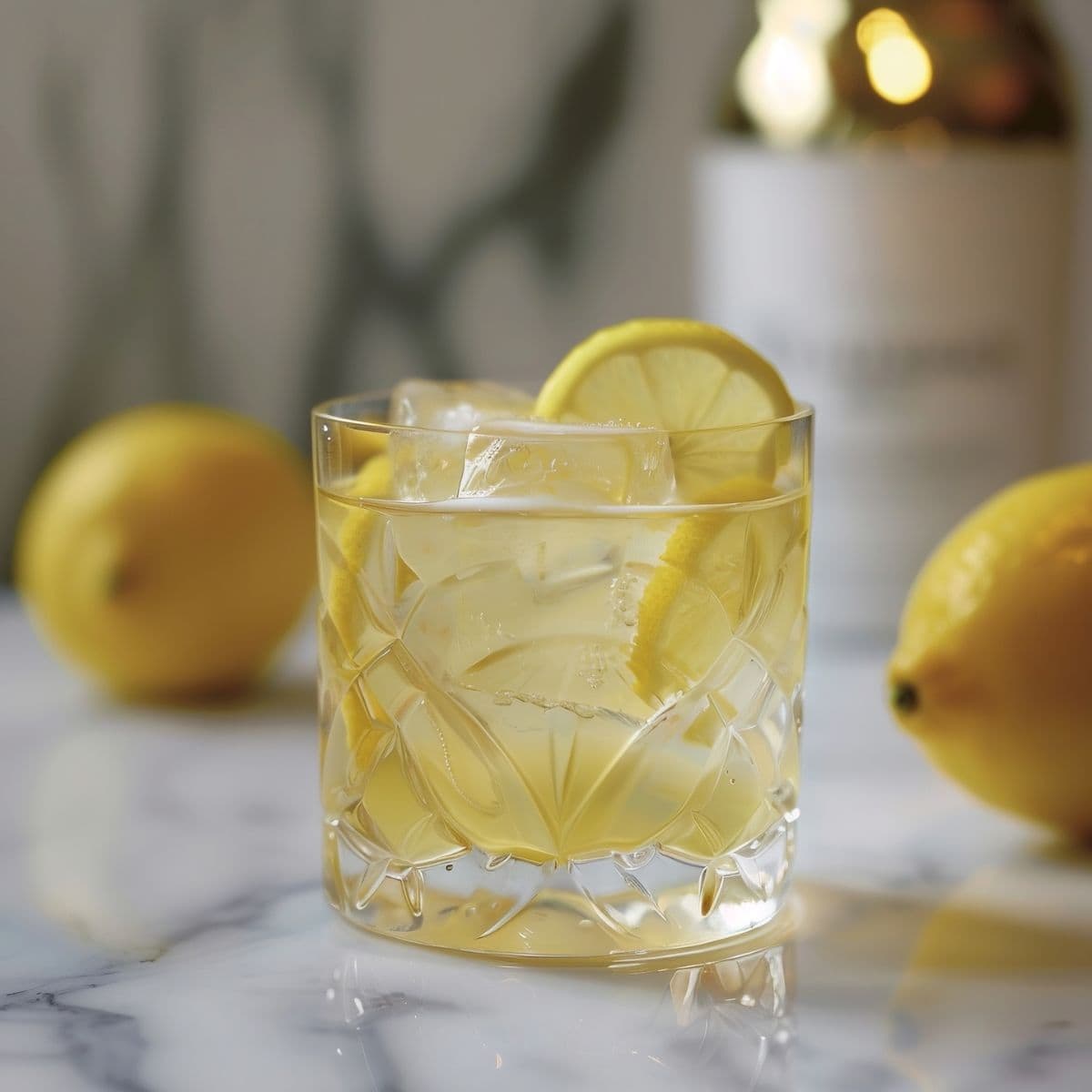 White Negroni in a Rocks Glass with a Lemon Wheels on a White Marble Table and Lemons Around It with a Bottle of Liqueur in the Background