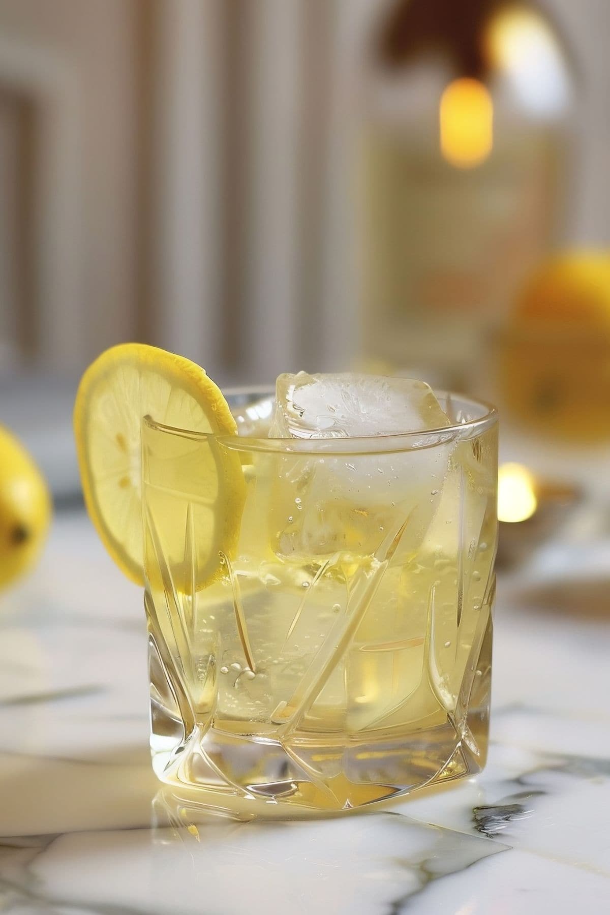 Close up of Cold, Refreshing White Negroni in a Rocks Glass with Ice and a Lemon Wheel