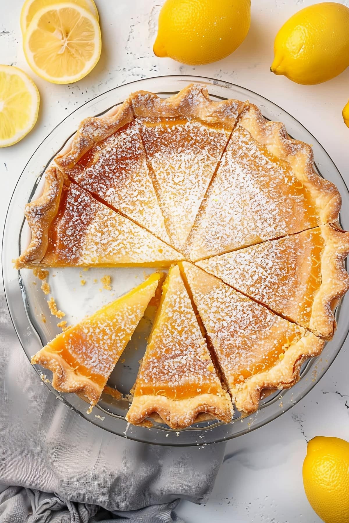 Homemade lemon chess pie with powdered sugar